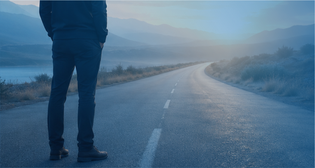 Homem parado diante de uma estrada, representando reflexão, recaída e possibilidade de recomeço no tratamento da dependência química.