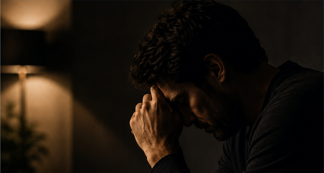 Homem com expressão triste e reflexiva em ambiente escuro, representando sofrimento emocional e saúde mental.