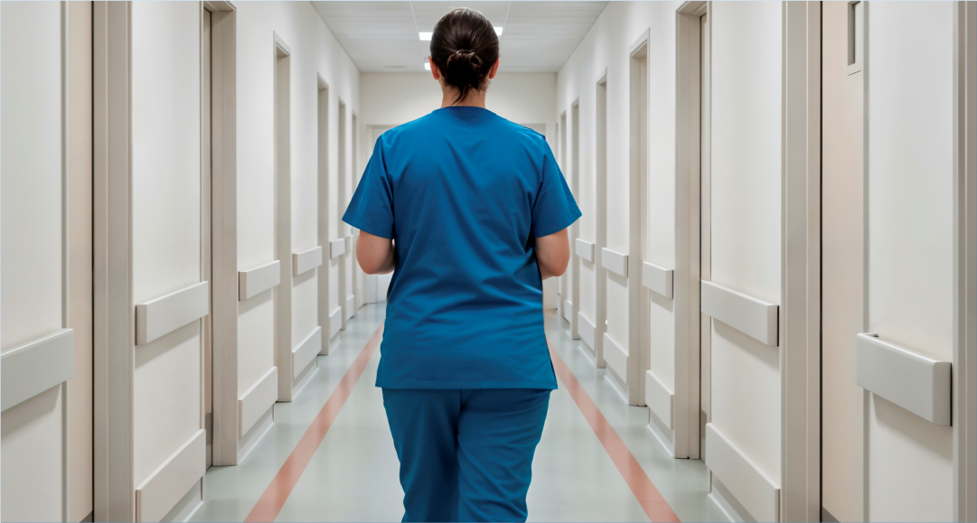Profissional de saúde caminhando por corredor hospitalar, com mensagem institucional do Hospital Átrios em homenagem ao Dia do Hospital, destacando cuidado, acolhimento, estrutura e equipe 24h.