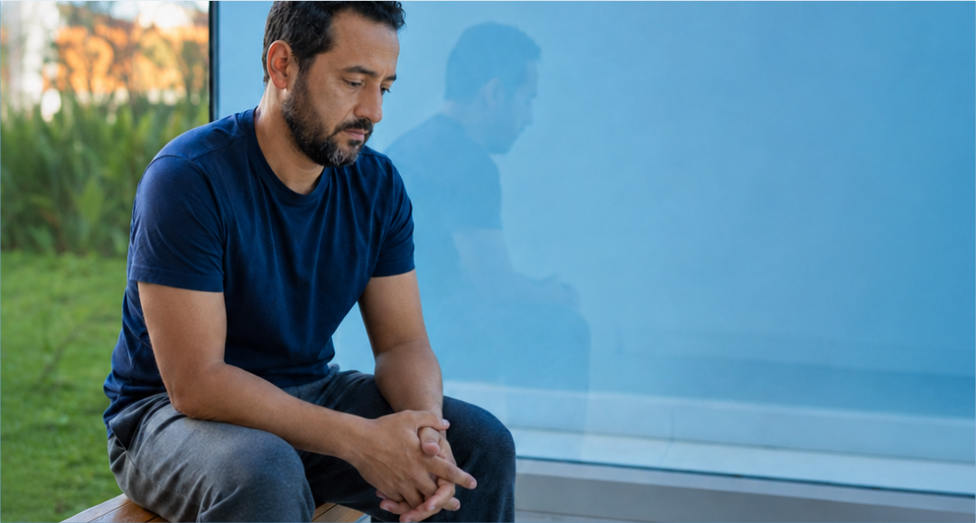 Homem sentado e pensativo representando a relação entre depressão e dependência química
