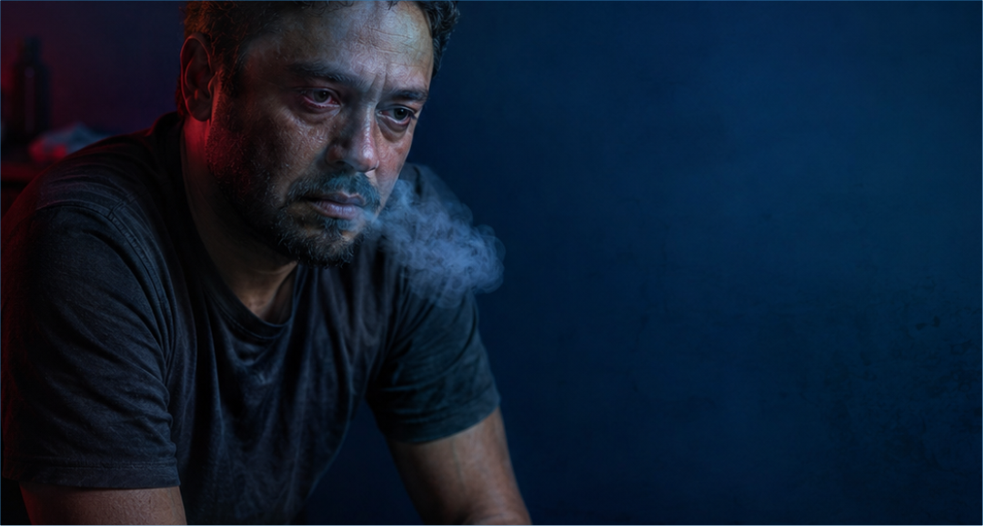 Homem em situação de sofrimento representando os riscos do uso de cocaína e crack